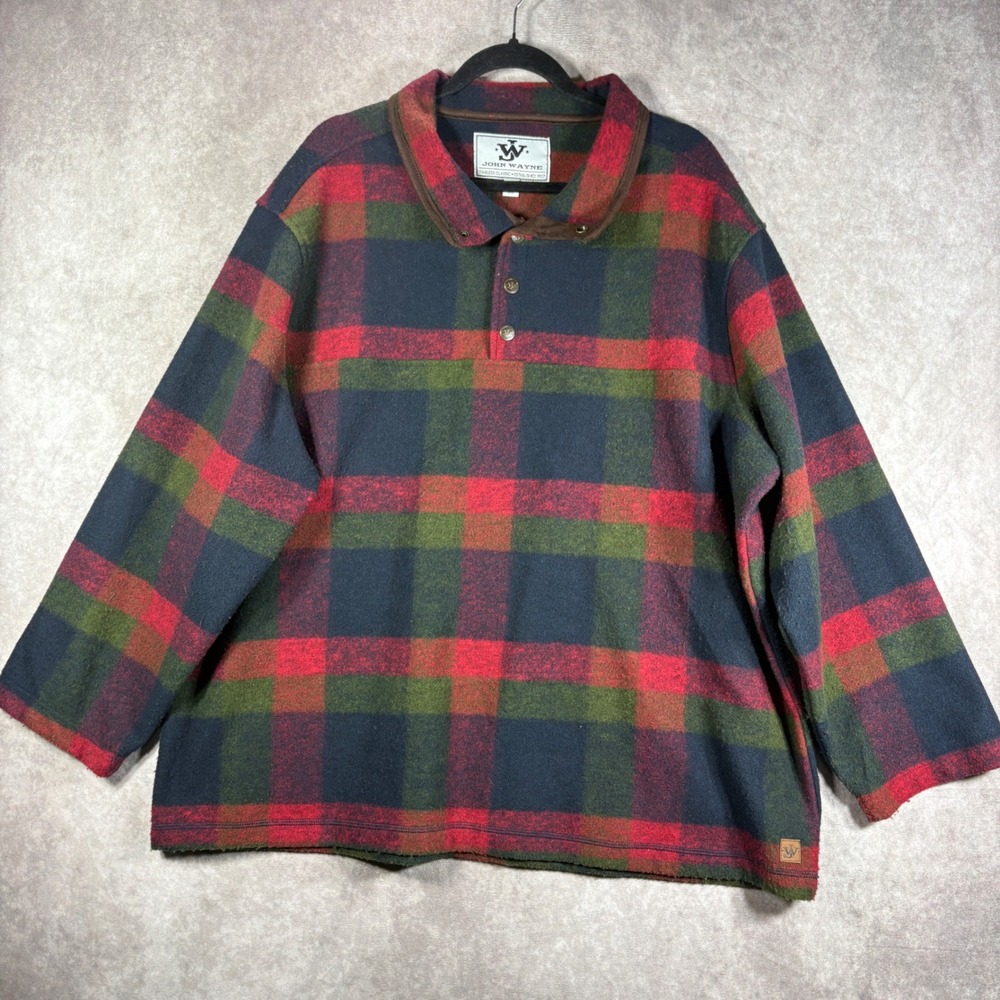 John Wayne Fleece Pullover Mens 2XL Red Plaid Quarter Button Western Outdoor